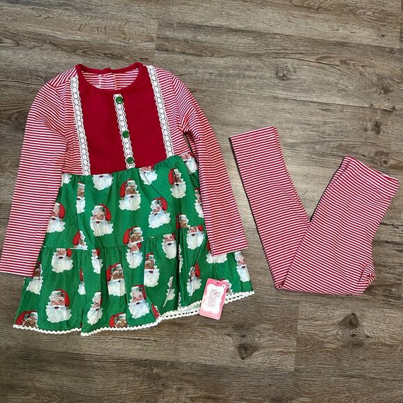 Ricrac & Ruffles Girls Size 6 Long Sleeve Christmas Dress Set Leggings Red Green - Picture 1 of 3